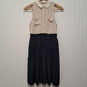 Anthropologie Poststamp Sleeveless Blouson Dress Womens 4 Cream Navy Blue Collar
